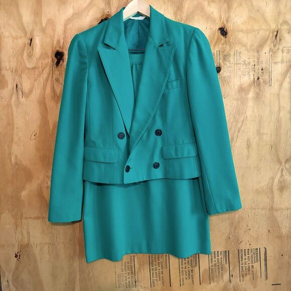 Vintage 80s Kelly Green Pencil Skirt Single Breasted Blazer Suit Set Sz 7/8 - Picture 1 of 7